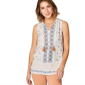 J. Jill Embroidered Sleeveless V-Neck Top Blue, Orange Tassels Boho Lagenlook